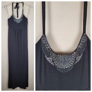 Tommy Bahama Size XXS Tambour Beaded Halter Maxi Dress Viscose Stretch Black